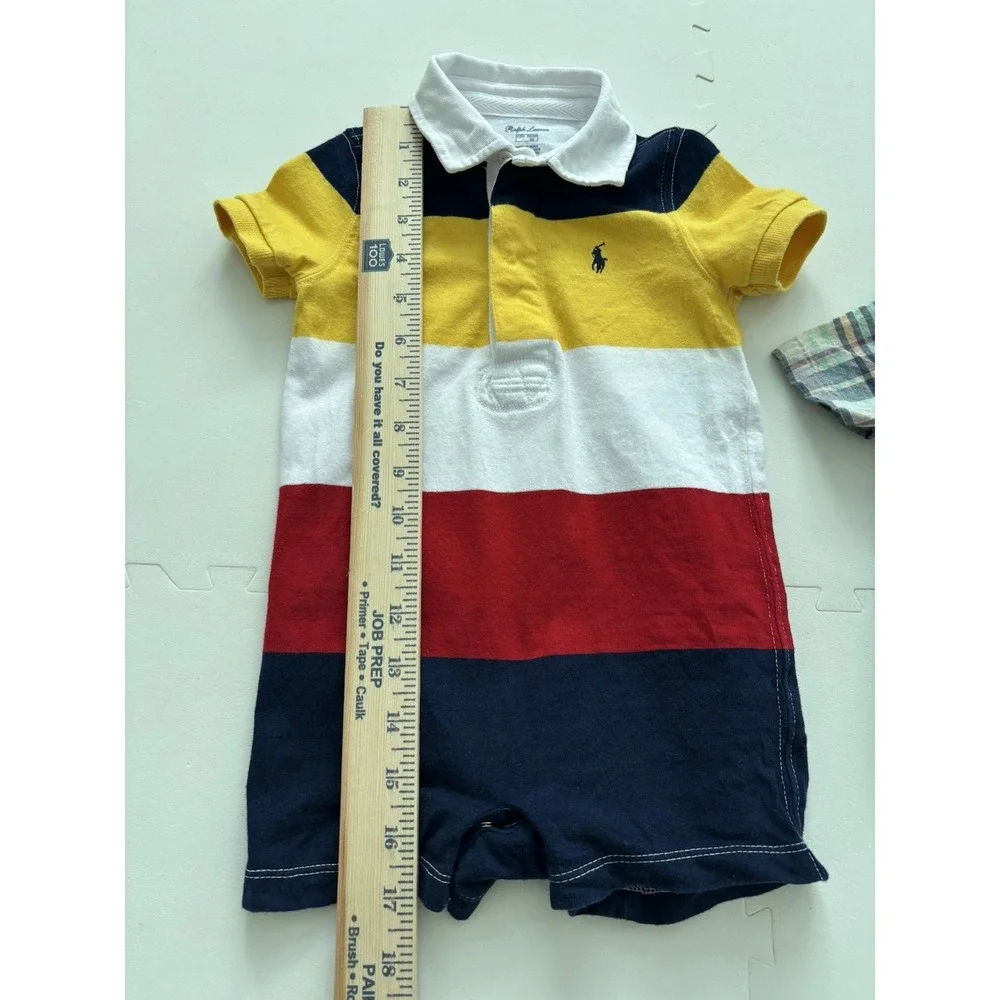 RALPH LAUREN Boys Lot of 2 Plaid Dress Madras Shirt | Romper Rugby Shortall- 12M